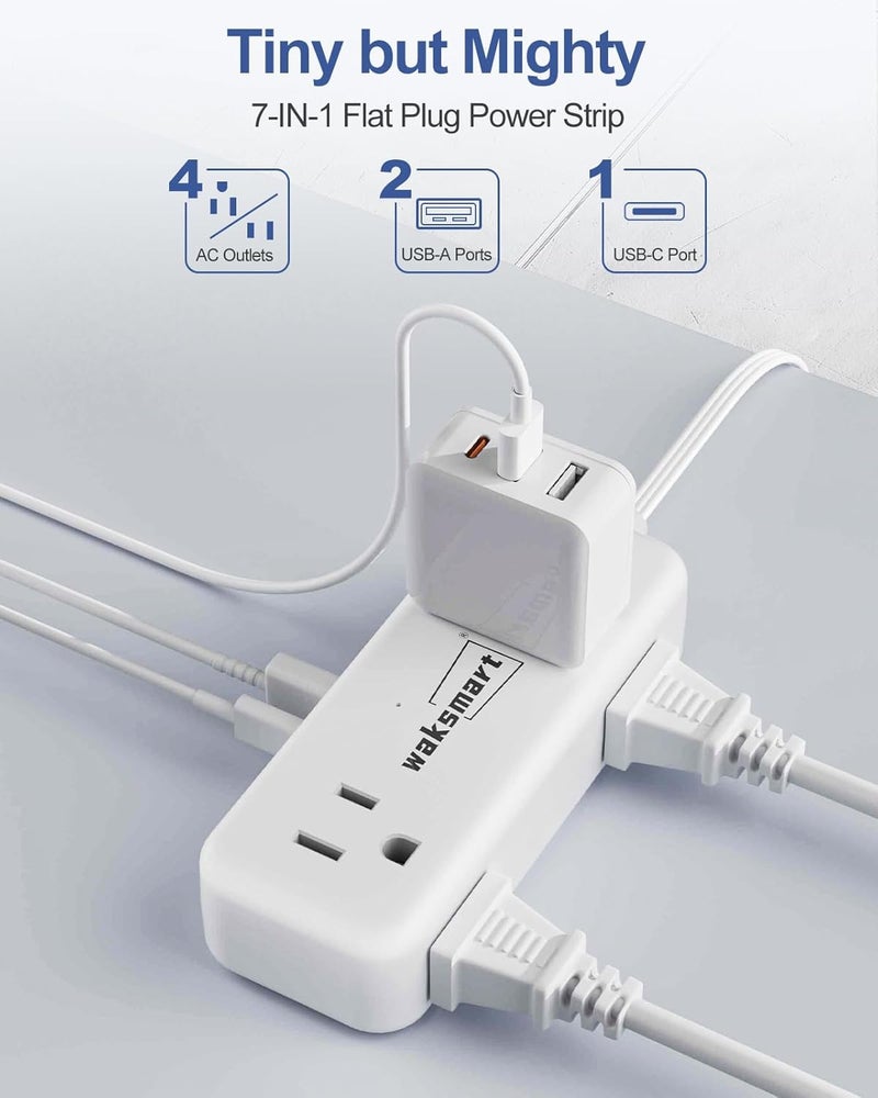 Waksmart سلك تمديد مسطح 6 أقدام - 4 مآخذ كهربائية و 3 منافذ USB (5V/3.4A 17W) ، شريط طاقة مسطح مدمج للجامعة والسفر والرحلات البحرية والمنزل والمكتب - Image 2